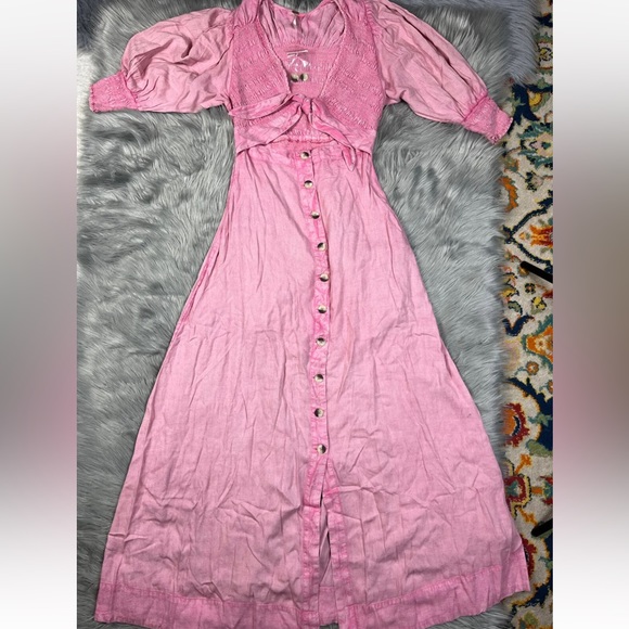 Free People String Of Hearts Maxi Dress Smocked Buttondown Cutout Pink - Picture 4 of 15
